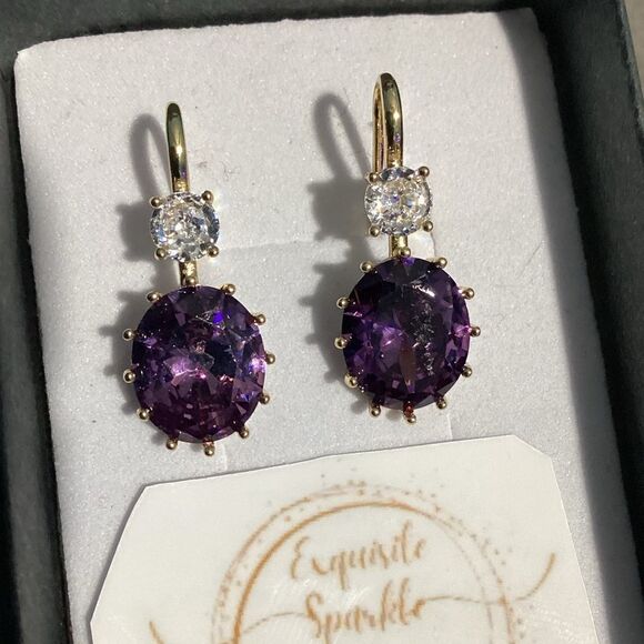 💜Elegant 10k Gold Vermeil Oval Cut Purple Amethyst Cz Diamond Hook Drop Earrings - Picture 11 of 16